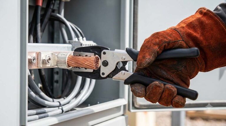 Macro view of a gloved hand performing precise termination on massive high-voltage copper cables into an industrial motor control center.