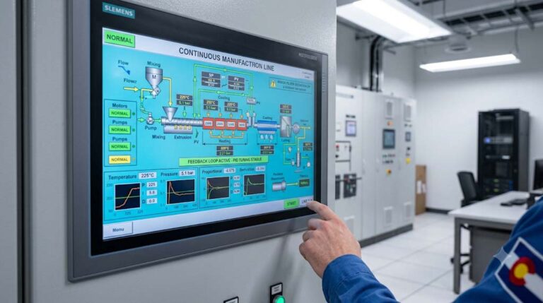 Modern industrial automation control panel with an HMI touchscreen displaying a live manufacturing process flow diagram.