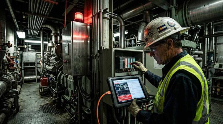 Nighttime photograph inside a massive industrial facility during an emergency shutdown, focusing on a troubleshooter using a diagnostic tablet to repair faulted logic.